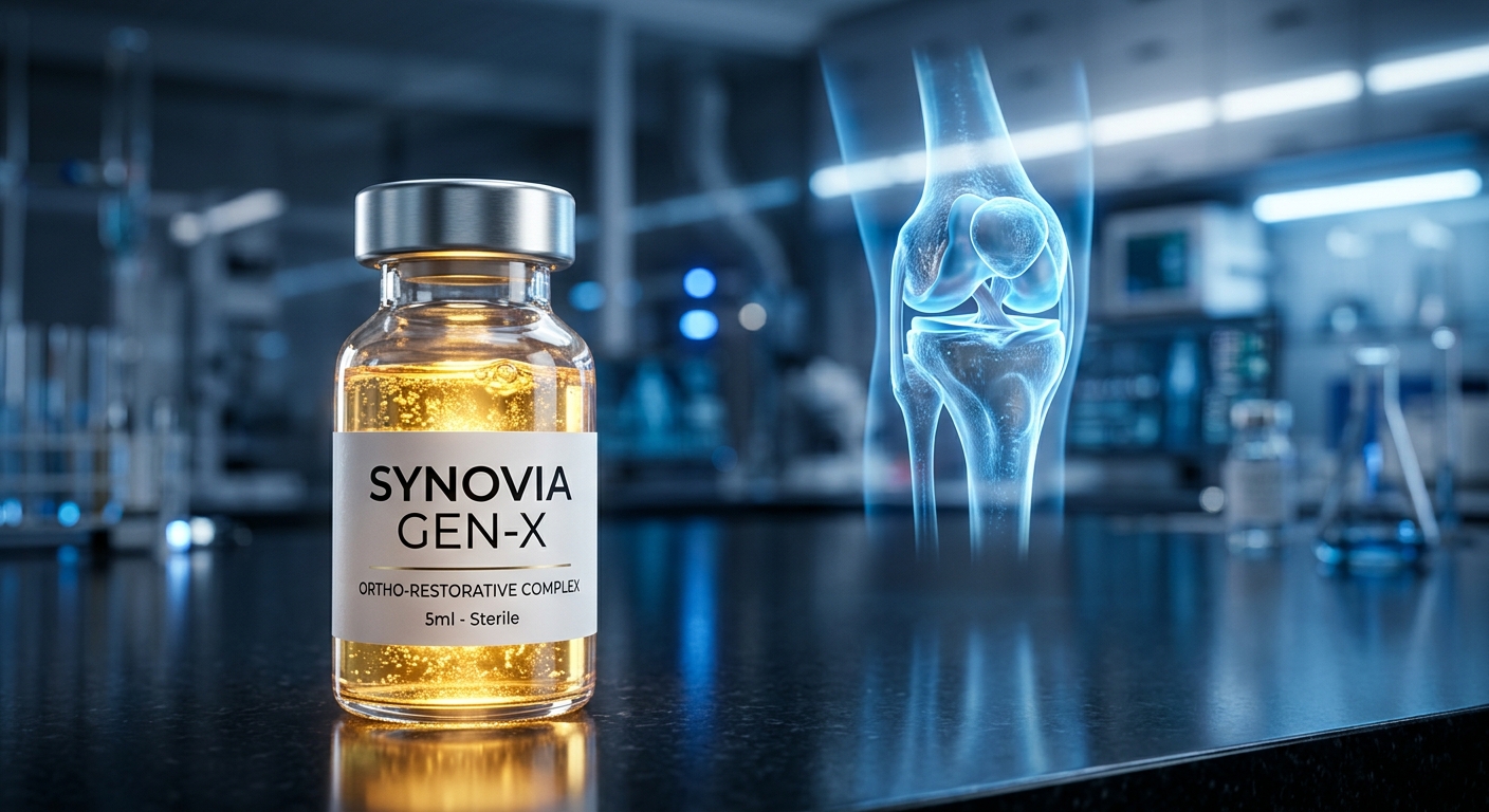 בקבוקון טיפול לשיקום אורתופדי Synovia Gen-X עם נוזל זהוב לצד הולוגרמה של מפרק הברך במעבדה